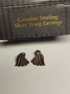 Vintage Avon Sterling Silver Wing Stud Earrings - Silver with Patina
